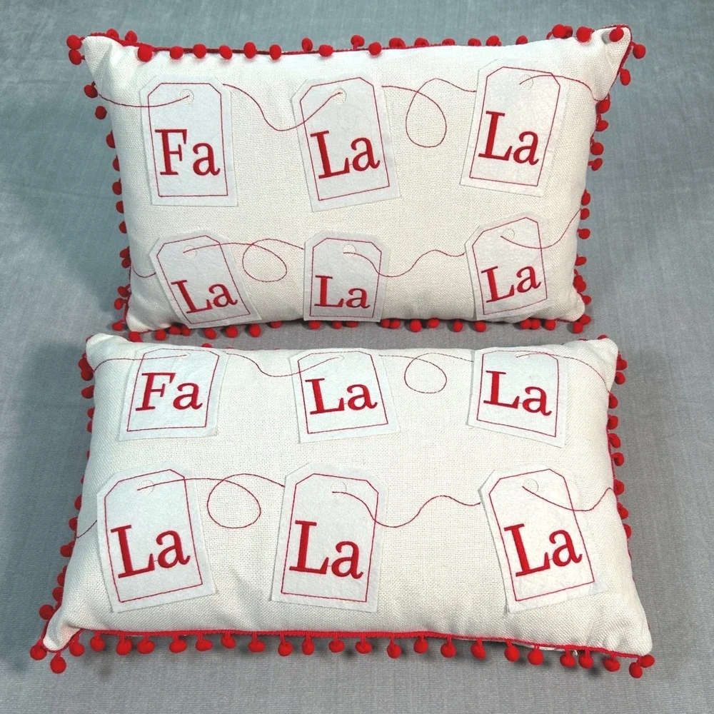 Christmas Holiday Fa La La Tea Bag Decorative Throw Pillow with Pom Poms Red Zip